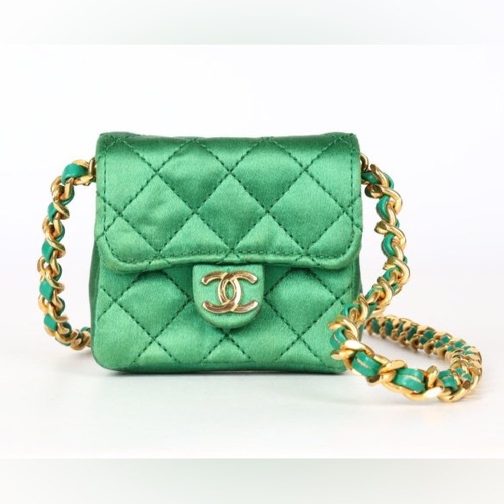CHANEL Mini Matelasse Chain Shoulder Bag Satin Green